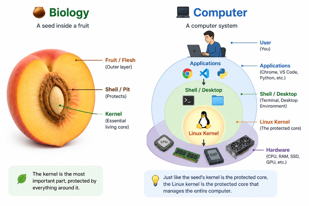 Biology versus computer: peach cross-section compared with concentric layers of user, applications, shell, Linux kernel, and hardware